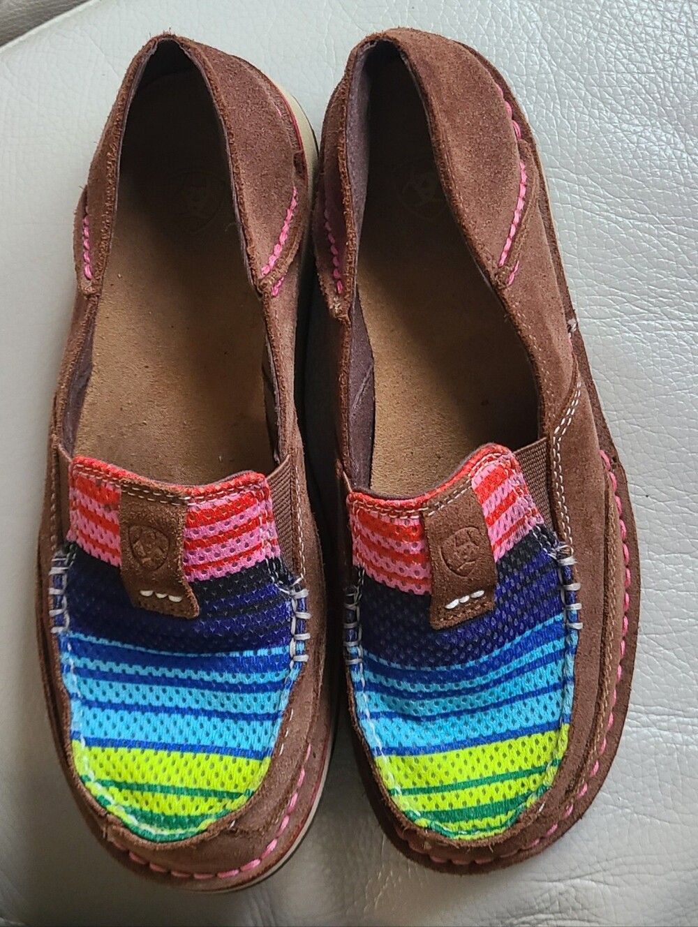 Ariat Brown Suede Moccasins with Multicolor Striped Knit
